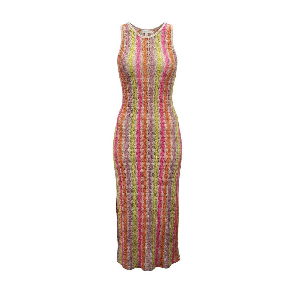 Miken Swim Crochet Stripe Midi Dress Cover Up Neon Pink Orange Yellow XL